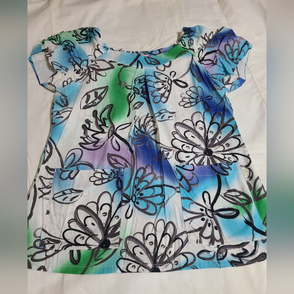 Koi Floral Sheer Top with Blue and Green Accents With Matching Green Pants